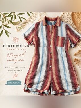 Earthbound Striped Cotton Romper Medium Boho Gauze Button Front